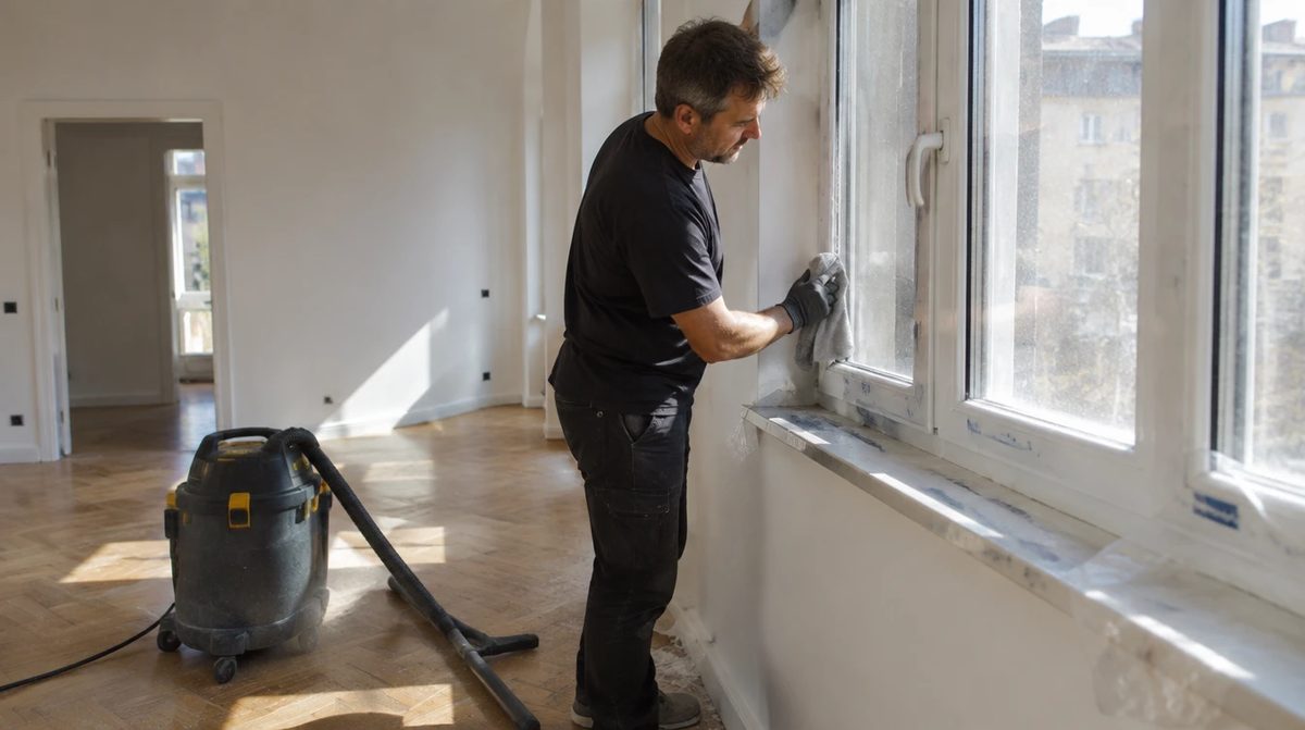 Bauendreinigung: Mitarbeiter reinigt Fensterrahmen in einer frisch renovierten Wohnung, Industriesauger auf dem Parkett