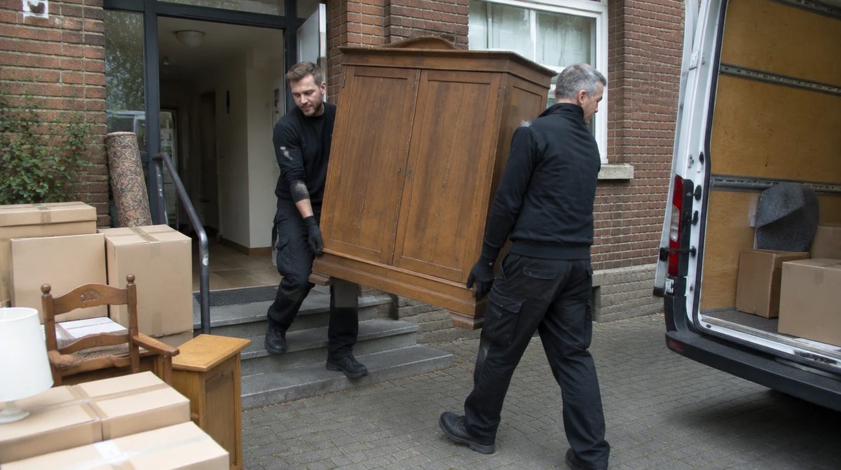 Entrümpelung: Mitarbeiter tragen Möbel und Kartons aus einer Wohnung zum Transporter