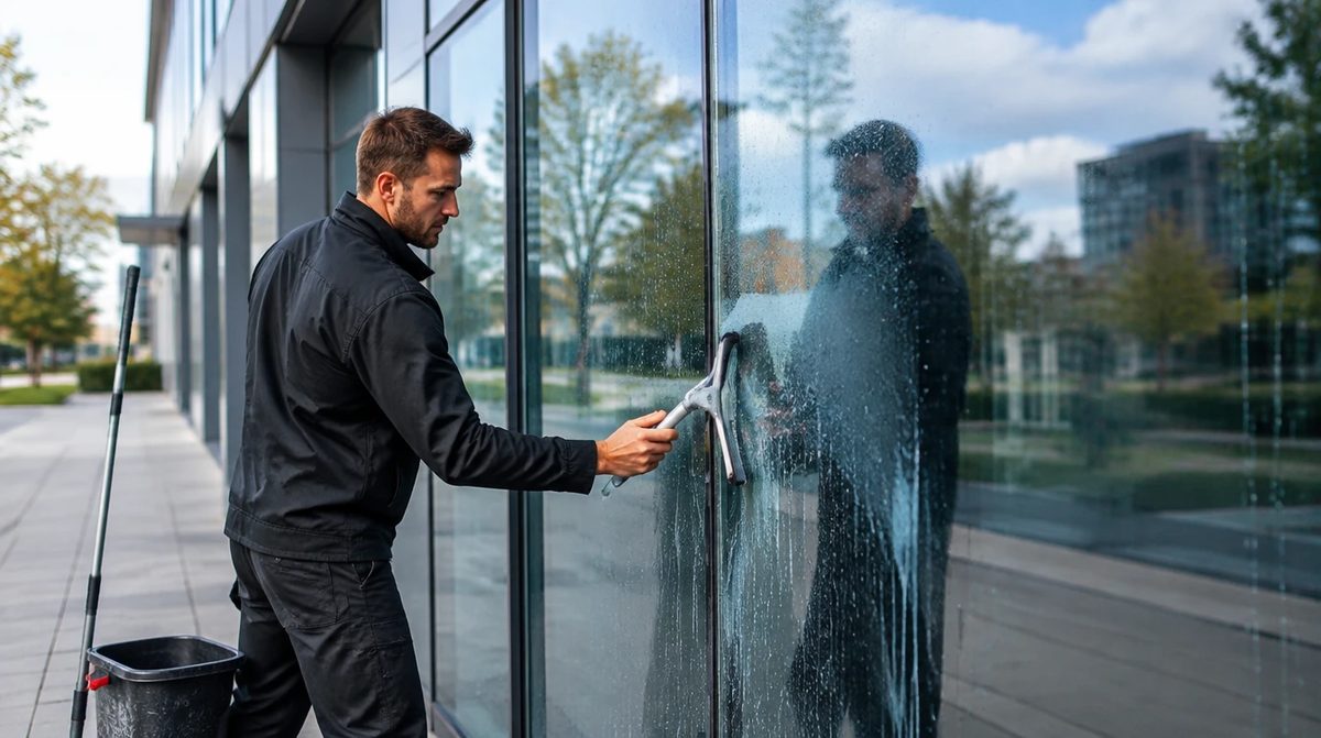 Fensterreiniger von Gebäudeservice Böhme reinigt eine Glasfassade mit dem Abzieher
