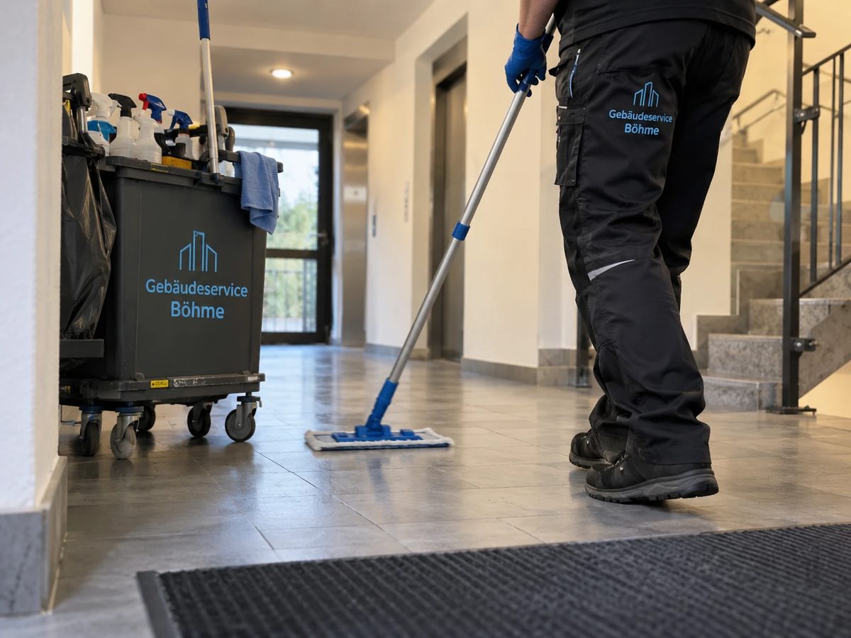 Mitarbeiter von Gebäudeservice Böhme bei der Reinigung eines Treppenhauses