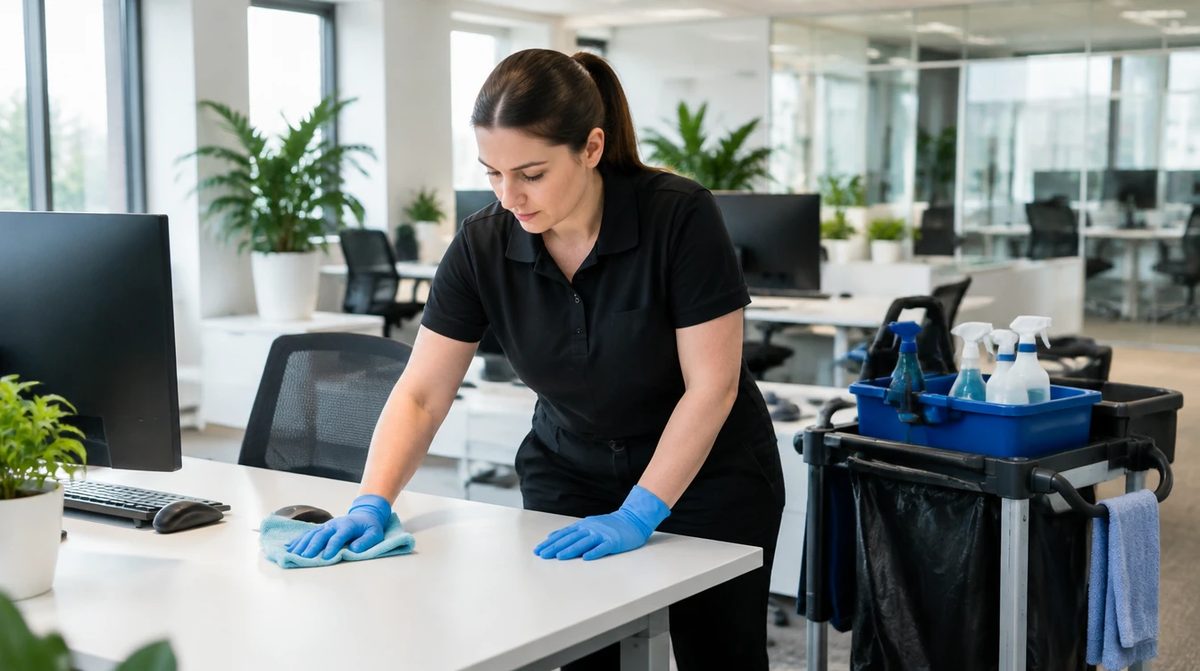 Reinigungskraft von Gebäudeservice Böhme reinigt einen Schreibtisch im Büro