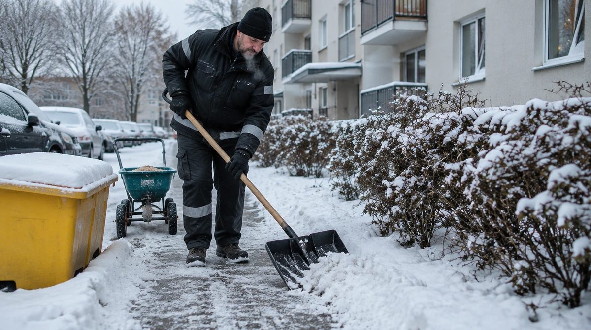 Winterdienst: Räumen und Streuen vor einem Mehrfamilienhaus